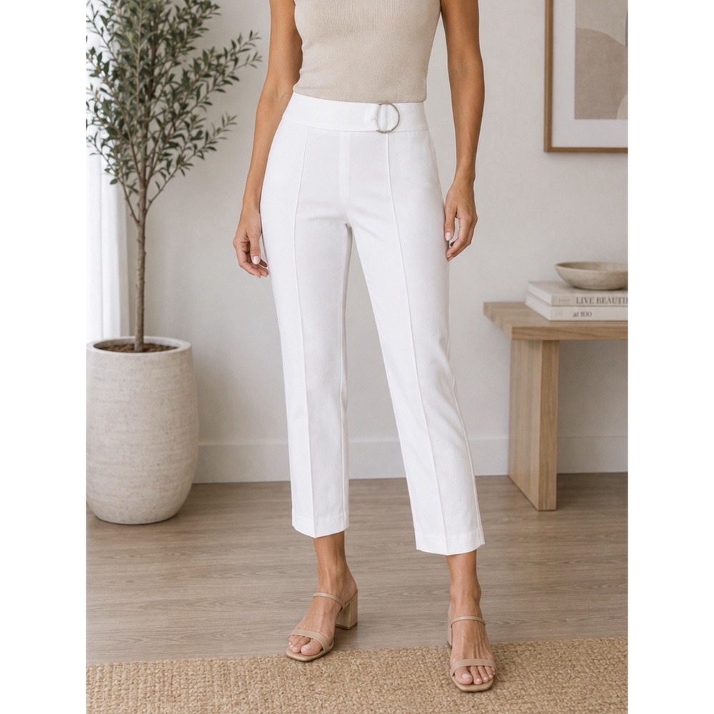 JM Collection Retro Vibes Pintuck Ankle Pant Slim Leg White Large Pull On